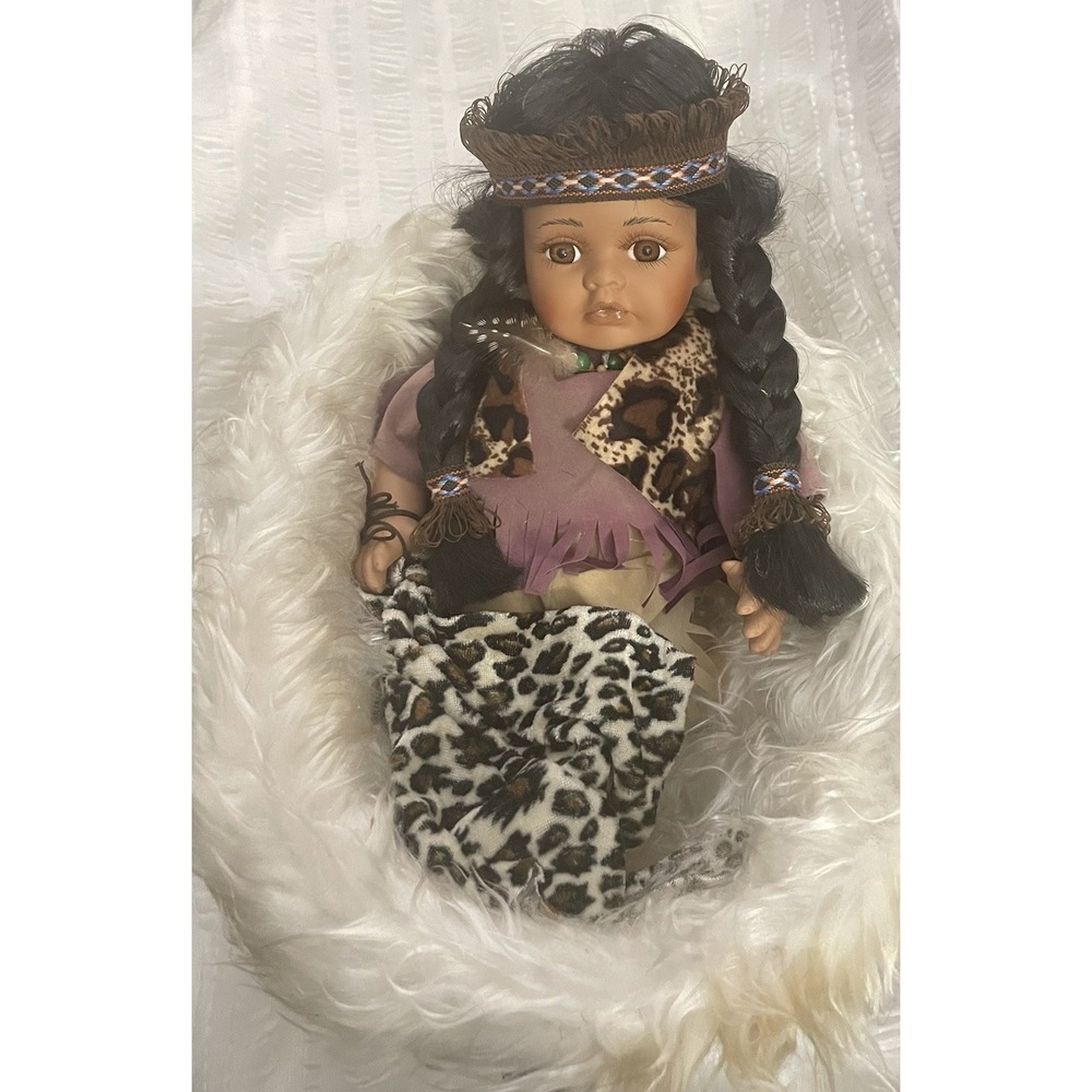 DanEa 1-2500 Vintage Porcelain Indian Doll 13"L  In Basket